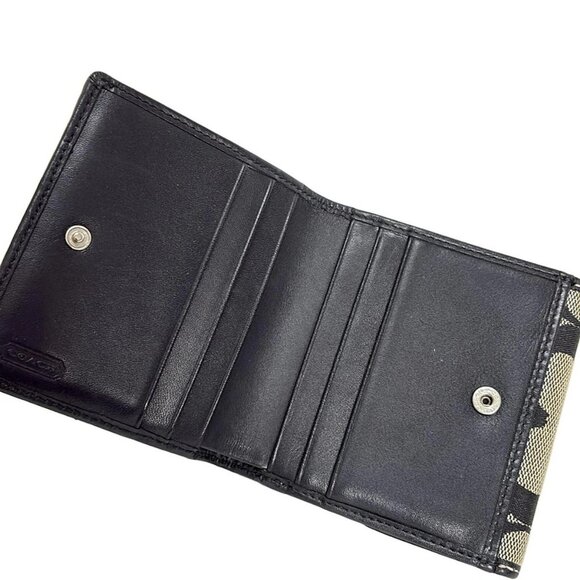 Auth COACH Signature - Gray Black Jacquard Leather Double-hook Wallet - Picture 3 of 5
